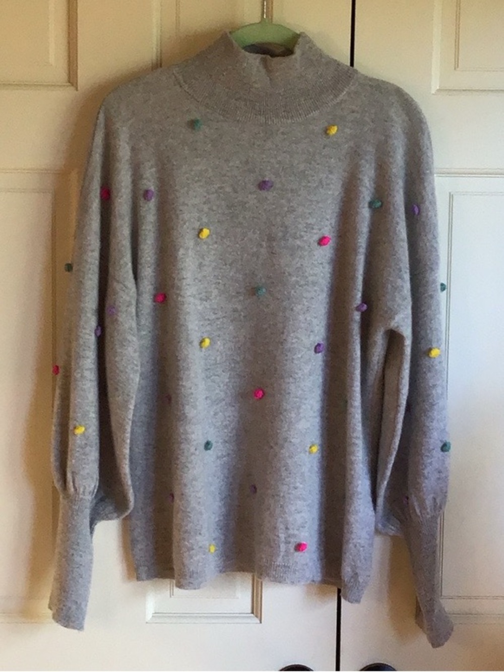 Charter Club Grey Cashmere Sweater with Colorful Pom-Poms